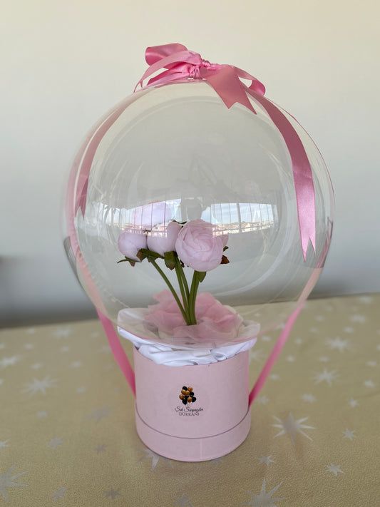 Kişiye Özel Mesajlı Hediye Balon – Pembe şakayık Çiçek Aranjmanlı, Pembe süslemeli Lüks Hediye