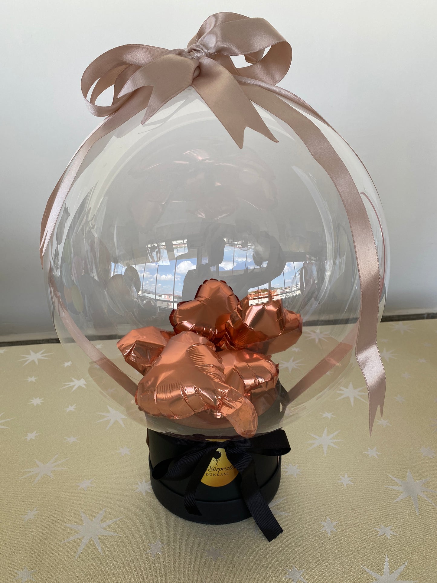 Kişiye Özel Mesajlı Hediye Balon – Mini Kalpler Aranjmanlı, Rosegold & Siyah & Sevgiliye Lüks Hediye
