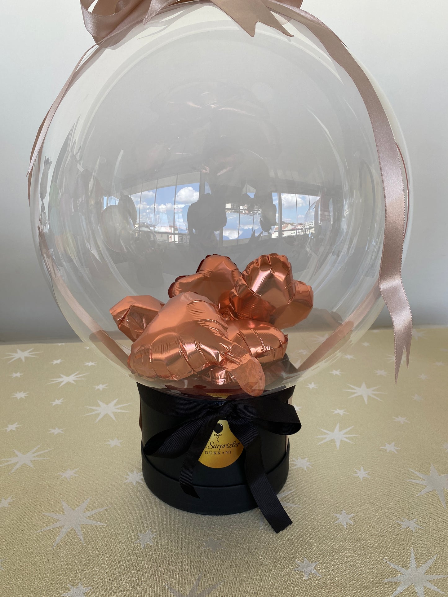Kişiye Özel Mesajlı Hediye Balon – Mini Kalpler Aranjmanlı, Rosegold & Siyah & Sevgiliye Lüks Hediye